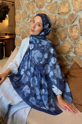 Navy Blue Cotton Striped Printed Shawl