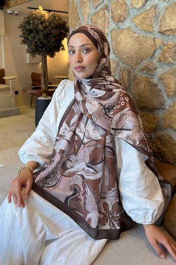 Lamelif Çiçek Desen Lara Soft Şal Acı Kahve