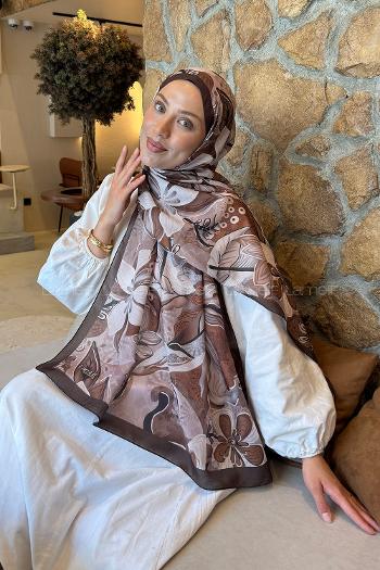Lamelif Çiçek Desen Lara Soft Şal Acı Kahve