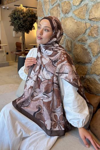 Lamelif Çiçek Desen Lara Soft Şal Acı Kahve