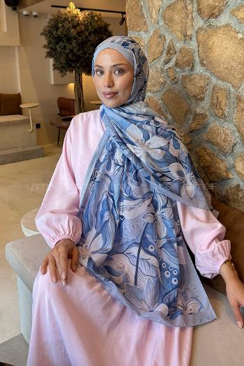 Baby Blue Cotton Striped Printed Shawl