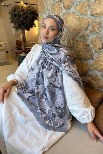 Lamelif Çiçek Desen Lara Soft Şal Gri