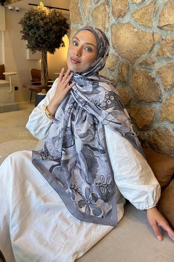 Lamelif Çiçek Desen Lara Soft Şal Gri