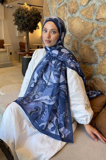 Navy Blue Cotton Striped Printed Shawl