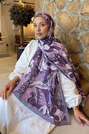 Lamelif Çiçek Desen Lara Soft Şal Lila