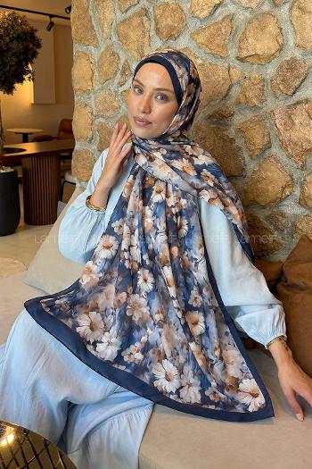 Lamelif Papatya Desen Lara Soft Şal Gece Mavisi