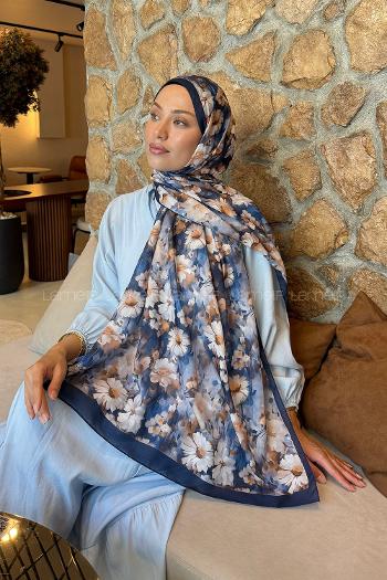 Lamelif Papatya Desen Lara Soft Şal Gece Mavisi