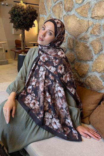 Lamelif Papatya Desen Lara Soft Şal Siyah Kahverengi