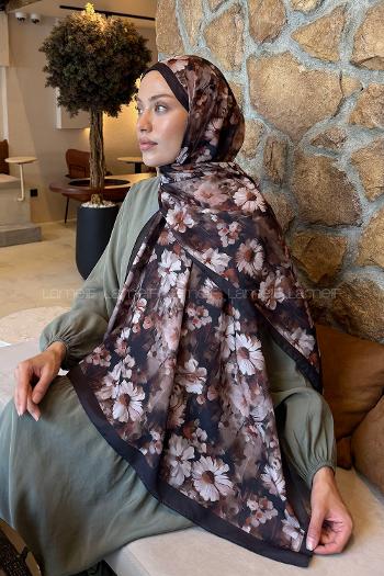 Lamelif Papatya Desen Lara Soft Şal Siyah Kahverengi