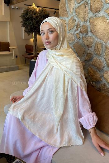 Lamelif  Shine Desen Ayrobin Floş Jakar  Şal Krem