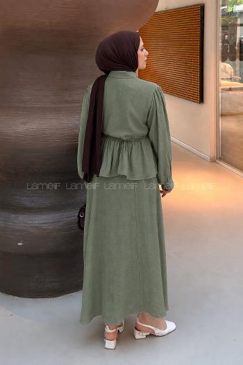 Lamelif Taş Düğmeli Etekli Takım Haki