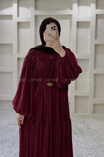 Lamelif Kat Detaylı Şifon Elbise Bordo