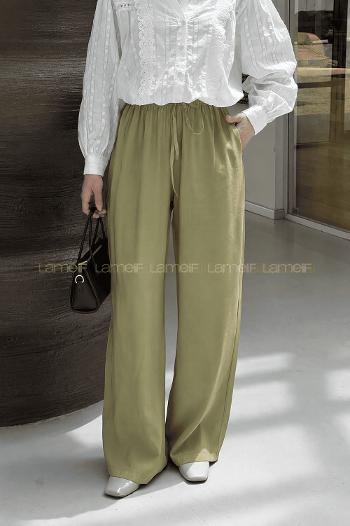 Oil Green Tensel Elastic Waist Comfortable Pants