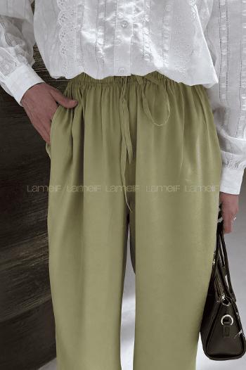 Oil Green Tensel Elastic Waist Comfortable Pants
