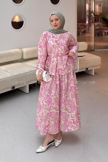 Lamelif Birit Düğmeli Desenli Etekli Takım Pembe