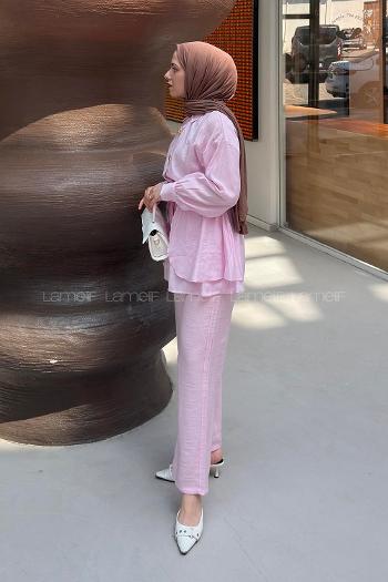 Pink Shirt Collar Long Arm Buckle Cotton Regular Trousers Suit