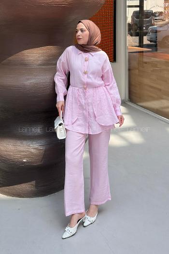 Pink Shirt Collar Long Arm Buckle Cotton Regular Trousers Suit