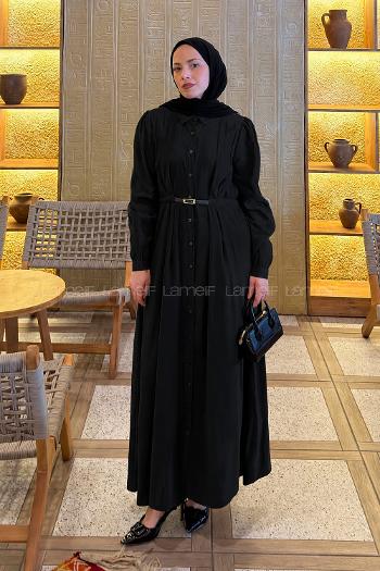 Black Shirt Collar Crepe Fabric Unprinted Dresess