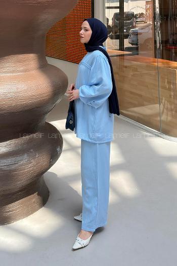 Lamelif Tünel Detaylı Pantolonlu Müslin Takım Bebe Mavisi