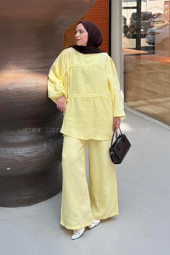 Lamelif Tünel Detaylı Pantolonlu Müslin Takım Sarı