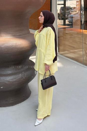 Lamelif Tünel Detaylı Pantolonlu Müslin Takım Sarı
