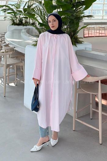 Lamelif Yırtmaç Detaylı Uzun Tunik Pembe