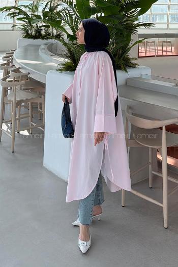 Lamelif Yırtmaç Detaylı Uzun Tunik Pembe