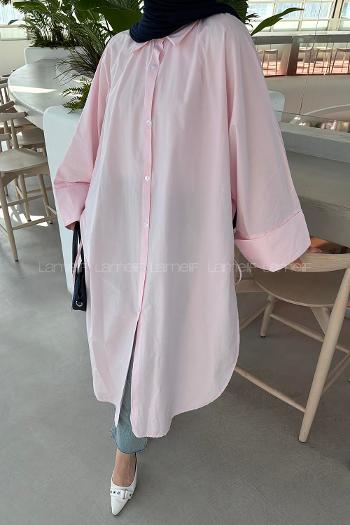 Lamelif Yırtmaç Detaylı Uzun Tunik Pembe
