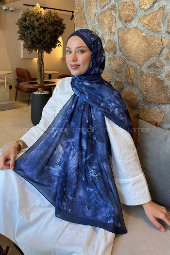 Navy Blue Cotton Striped Printed Shawl