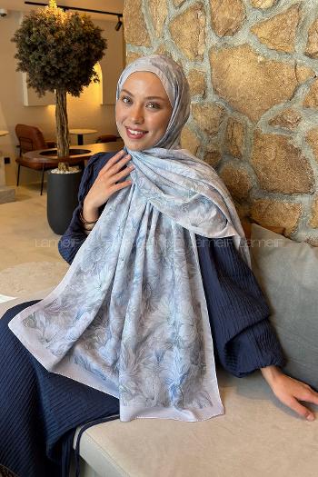 Lamelif Floral Desen Lara Soft Şal Gümüş Gri