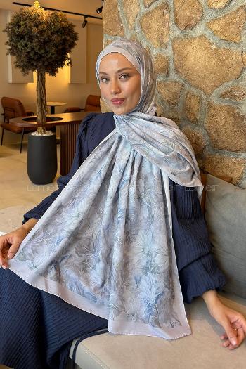 Lamelif Floral Desen Lara Soft Şal Gümüş Gri
