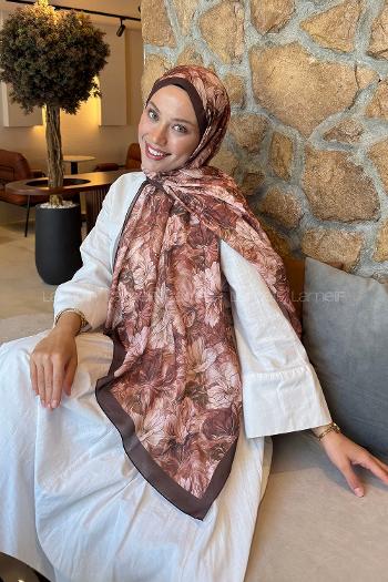 Lamelif Floral Desen Lara Soft Şal Kahverengi
