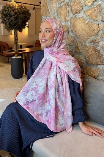 Lamelif Floral Desen Lara Soft Şal Şeker Pembe