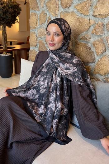Lamelif Floral Desen Lara Soft Şal Siyah