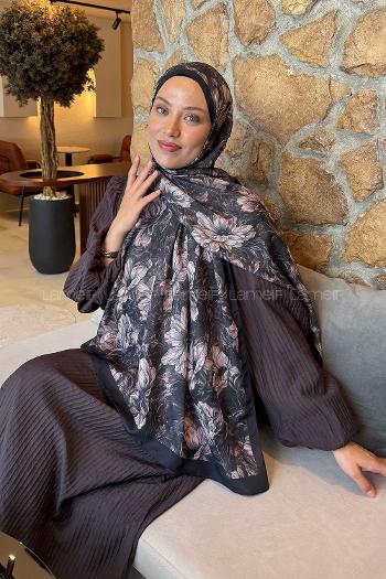 Lamelif Floral Desen Lara Soft Şal Siyah