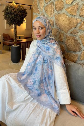 Baby Blue Cotton Striped Printed Shawl