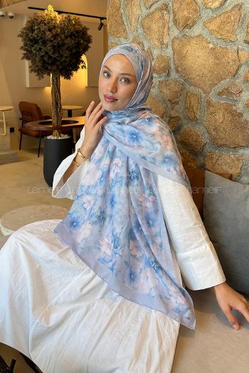 Baby Blue Cotton Striped Printed Shawl