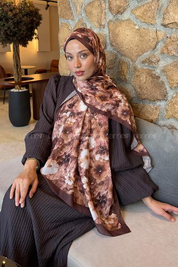 Lamelif Flower Desen Lara Soft Şal Kahverengi