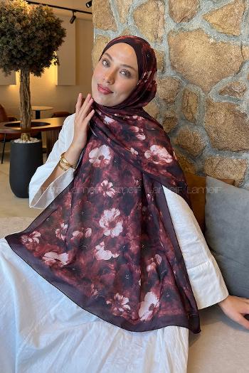 Lamelif Flower Desen Lara Soft Şal Koyu Bordo
