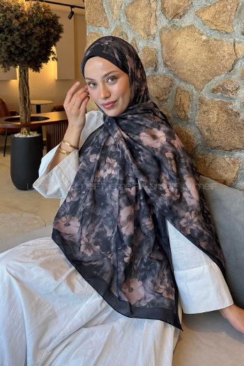 Lamelif Flower Desen Lara Soft Şal Siyah
