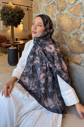Lamelif Flower Desen Lara Soft Şal Siyah