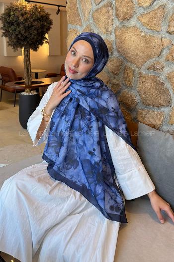 Navy Blue Cotton Striped Printed Shawl