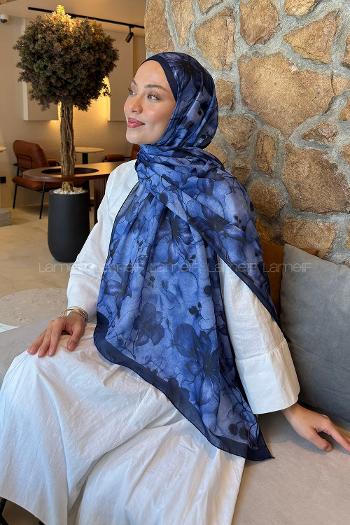 Navy Blue Cotton Striped Printed Shawl