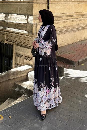 Lamelif Çiçek Detaylı Elbise Siyah