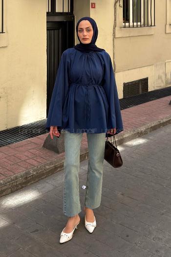 Lamelif Geniş Kol Dik Yaka Oversize Tunik Lacivert