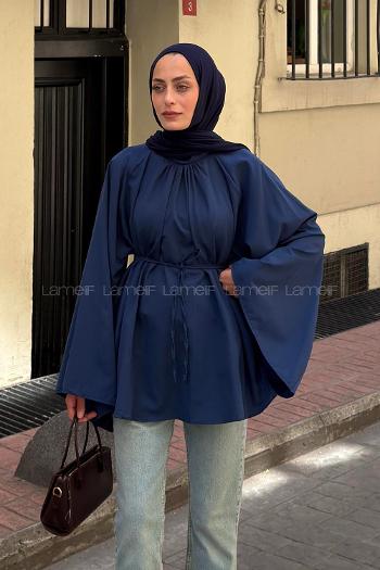 Lamelif Geniş Kol Dik Yaka Oversize Tunik Lacivert