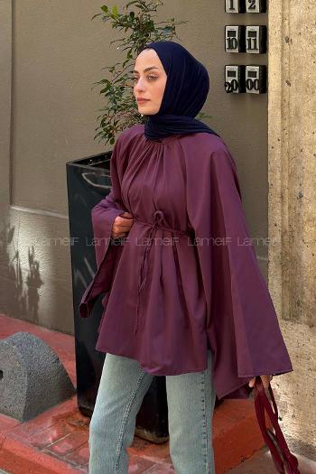 Lamelif Geniş Kol Dik Yaka Oversize Tunik Mürdüm