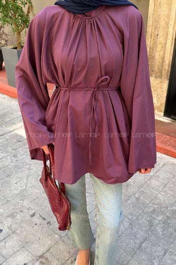 Lamelif Geniş Kol Dik Yaka Oversize Tunik Mürdüm