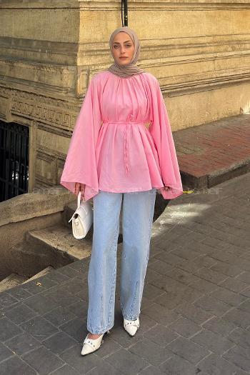 Lamelif Geniş Kol Dik Yaka Oversize Tunik Pembe