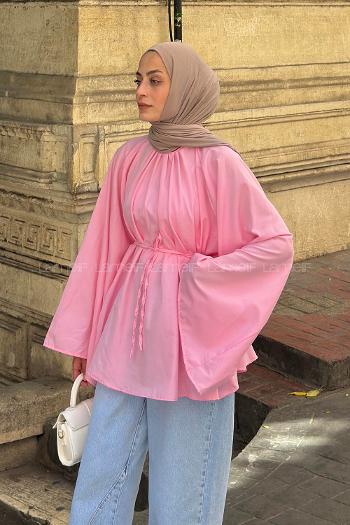 Lamelif Geniş Kol Dik Yaka Oversize Tunik Pembe